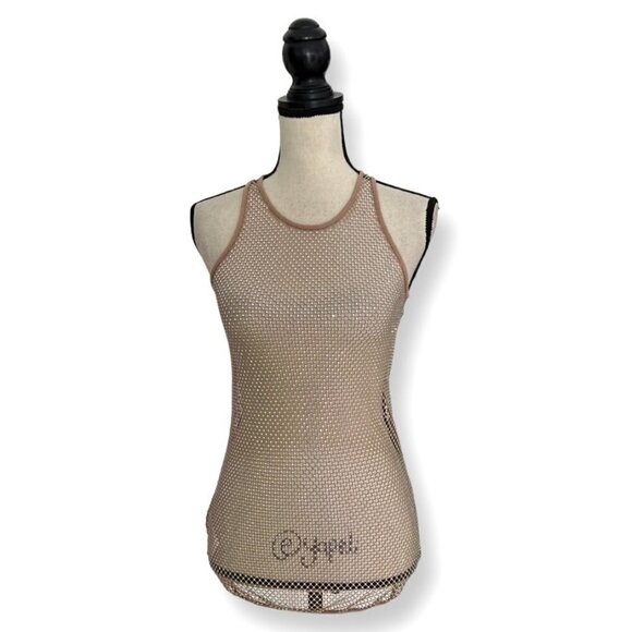 Pinko mesh beige iridescent crystal beaded tank top size M - Picture 1 of 7